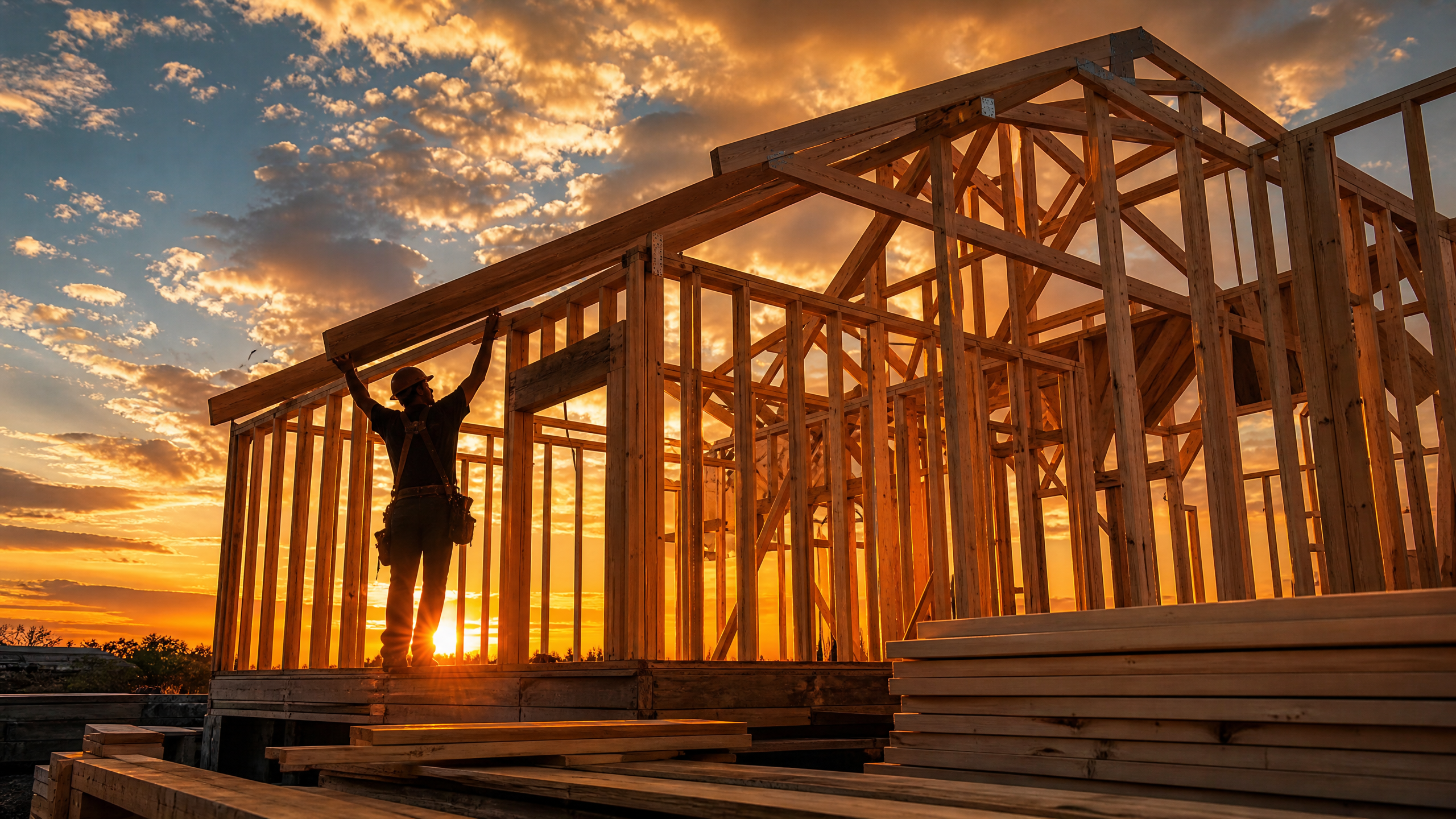 Carpenter working on house framing at dusk